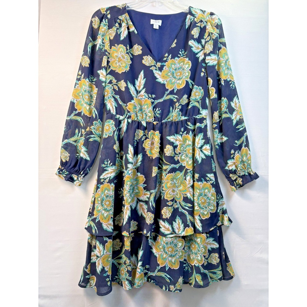 J.CREW womens Navy Floral Long ruffle Sleeve V-Neck Tiered Dress Size 0